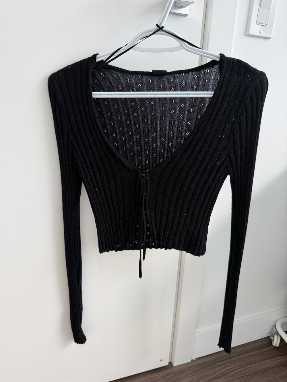 Urban Outfitters Black Ribbed Tie-Front Cropped Cardigan
